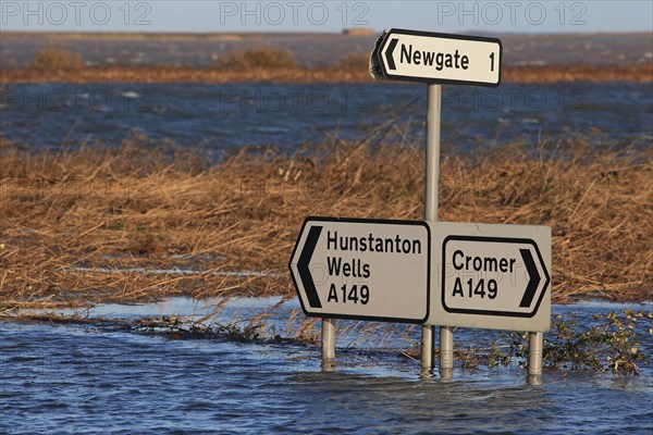 Flooded coastal road and coastal marshes after the tidal surge