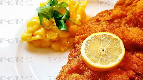 Delicious golden-brown fried Wiener Schnitzel with potato salad and a slice of lemon on a white plate,