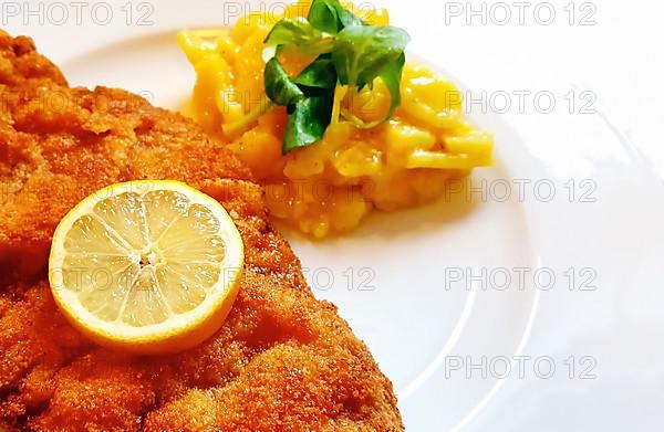 Delicious golden-brown fried Wiener Schnitzel with potato salad and a slice of lemon on a white plate,