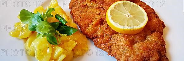 Delicious golden-brown fried Wiener Schnitzel with potato salad and a slice of lemon on a white plate,