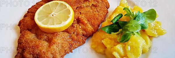 Delicious golden-brown fried Wiener Schnitzel with potato salad and a slice of lemon on a white plate,