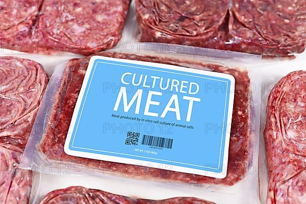 Lab grown cultured meat concept for artificial in vitro cell culture meat production with packed raw meat with made up blue label,