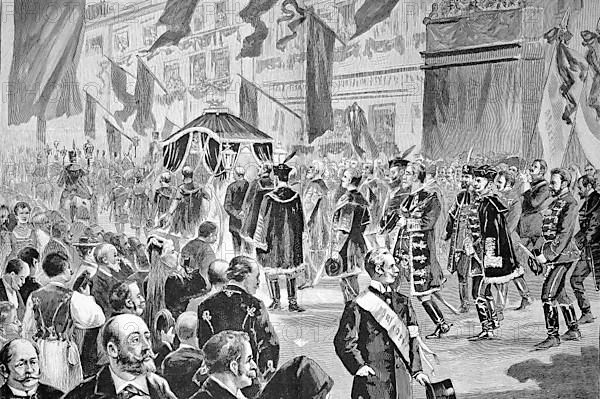 Historical illustration of Kossuth's funeral procession in Budapest. Lajos Kossuth de Udvard et Kossuthfalva, Louis Kossuth