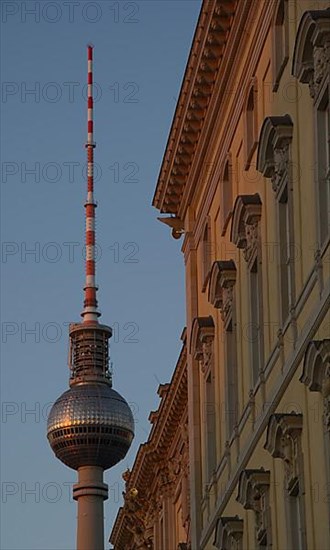 Detail of the new Berlin City Palace, in the background its TV tower