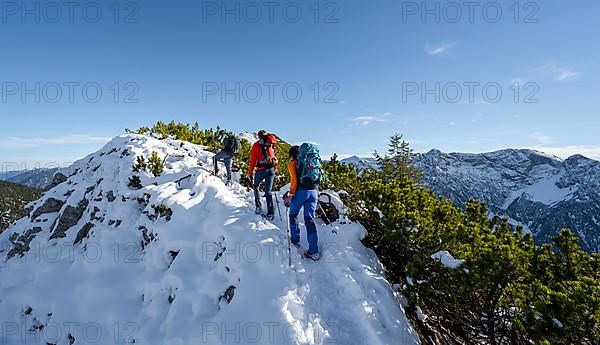 Hikers on a ridge in autumn with snow, hiking trail to Weitalpspitz