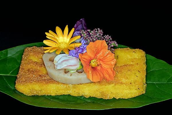 Fried polenta slice with a slice of lotus root and meadow flowers as decoration on an avocado leaf, foddfotography with black background