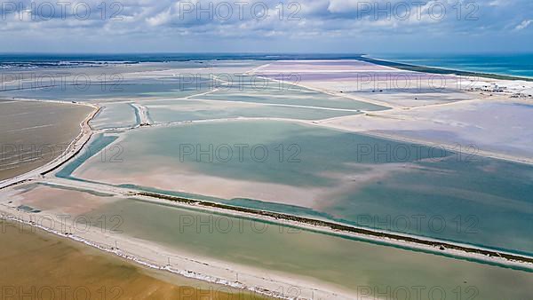 Aerial of the colourful salinas of Las Coloradas, Yucatan