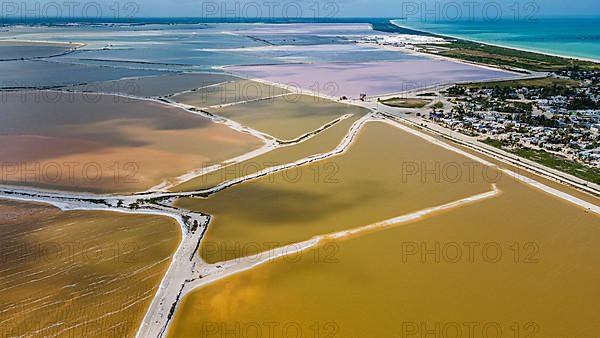 Aerial of the colourful salinas of Las Coloradas, Yucatan