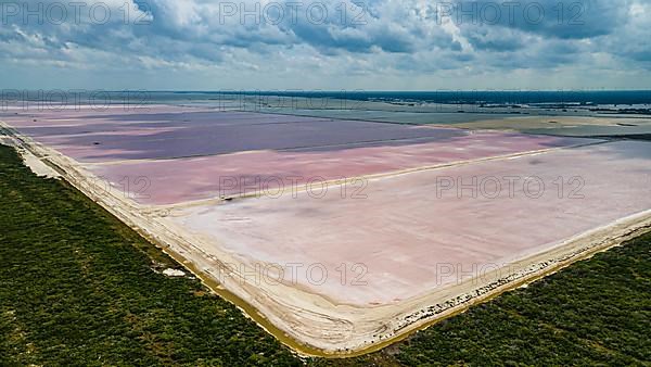 Aerial of the colourful salinas of Las Coloradas, Yucatan