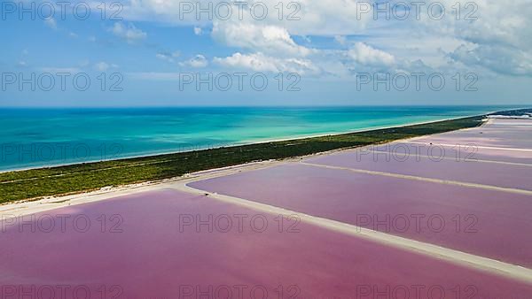 Aerial of the colourful salinas of Las Coloradas, Yucatan