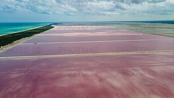 Aerial of the colourful salinas of Las Coloradas, Yucatan