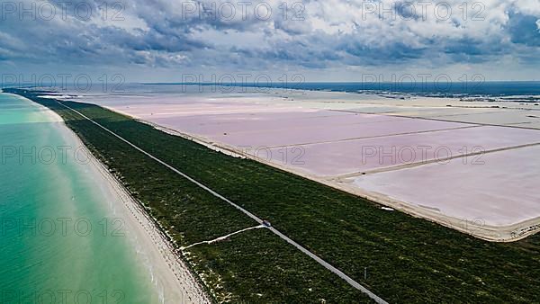 Aerial of the colourful salinas of Las Coloradas, Yucatan