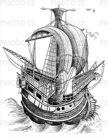 15th century ship, facsimile of copper engraving by Israhel van Meckenem