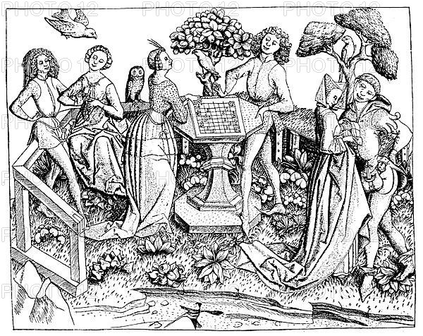 A company in the garden playing chess, in the 15th century