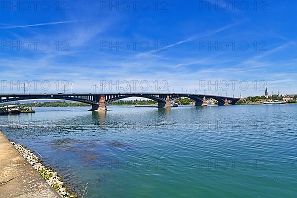 Large Theodor Heuss Bridge an arch bridge over the Rhine River connecting the cities Mainz and Wiesbaden in Germany,