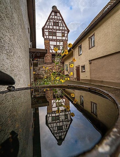 View of the stork tower with reflection in water of a rain barrel