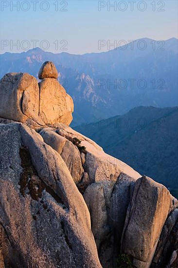 View of stones and rock formations from Ulsanbawi rock peak on sunset. Seoraksan National Park