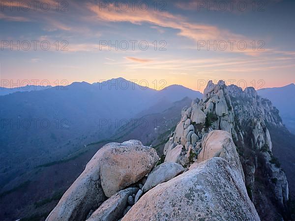 View of stones and rock formations from Ulsanbawi rock peak on sunset. Seoraksan National Park