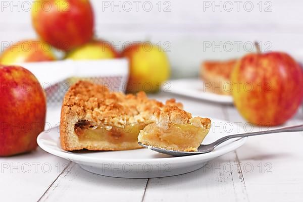 Piece of traditional European apple pie with topping crumbles called 'Streusel' on dessert spoon