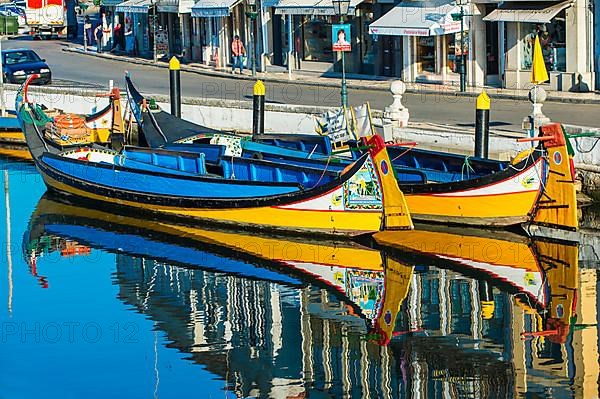 Gondola-like Moliceiros boats at anchor in the Central Channel