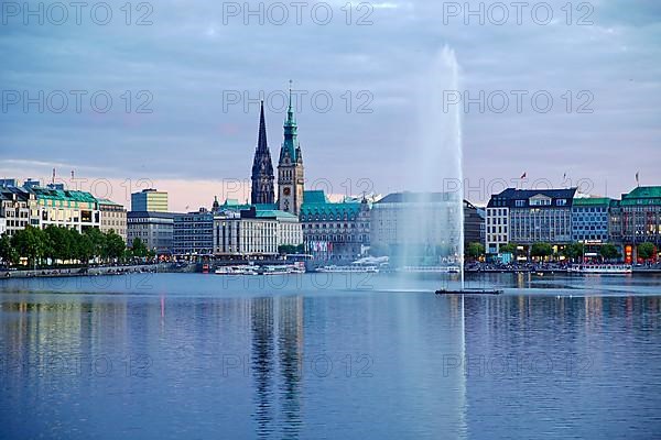 Inner Alster Lake with Alsterfontaine and city skyline