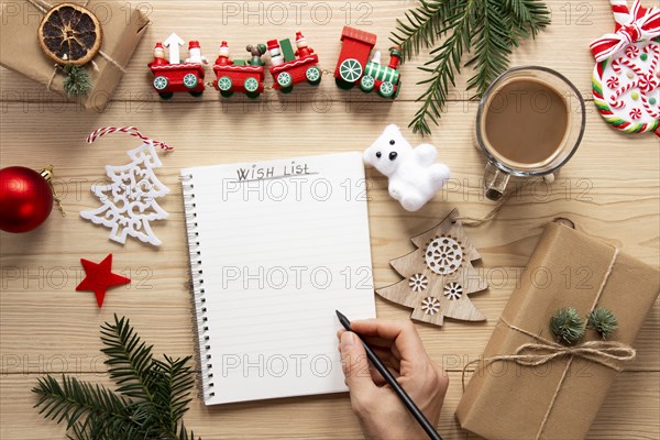 Christmas list mock up wooden background