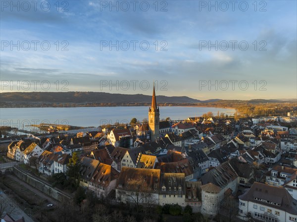 Aerial view of the town of Radolfzell on Lake Constance with the Radolfzell Minster at sunrise