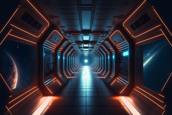 3D rendered Illustration of illuminated futuristic spaceship corridor