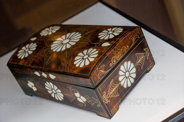 Ancient style wooden treasure chest with mother of pearl inlay