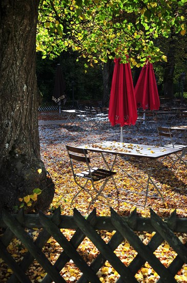 Closed beer garden in autumn in Bavaria