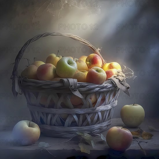 Apples are in a basket in a rustic environment Sunlight and light fog