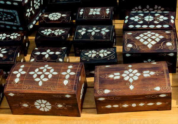 Ancient style wooden treasure chest with mother of pearl inlay