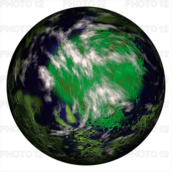Digitally rendered green planet isolated on white background