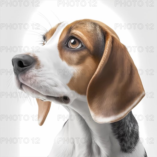 Portrait of a Beagle in front of a white background. AI generated Art