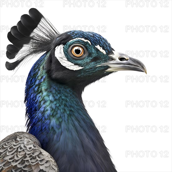 A portrait of an peacock in front of white backround