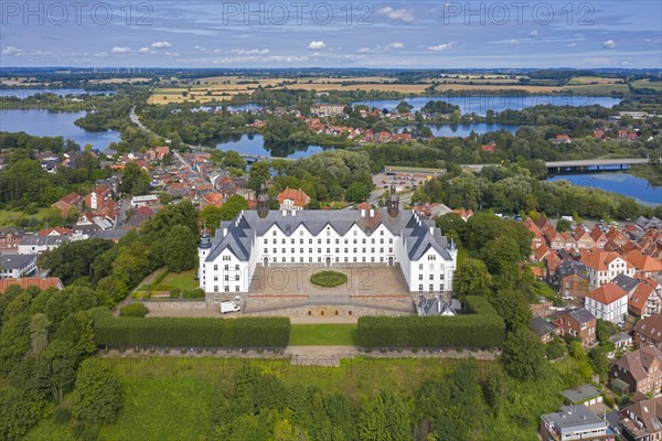 Aerial view over 17th century Ploen Castle