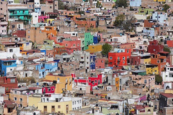 Aerial view over the rooftops of houses in city centre of Guanajuato