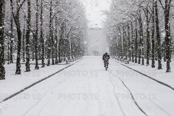 Cyclist in the snow in the Hofgarten