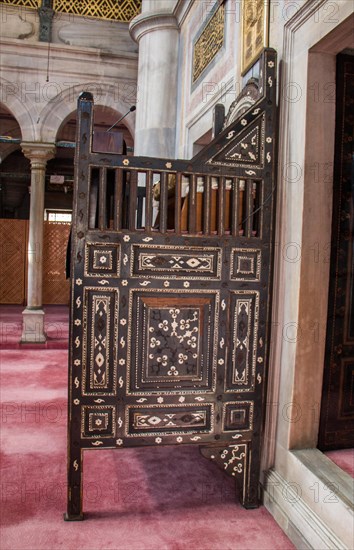 Wooden minbar, sermon pulpit of Ottoman times in mosque