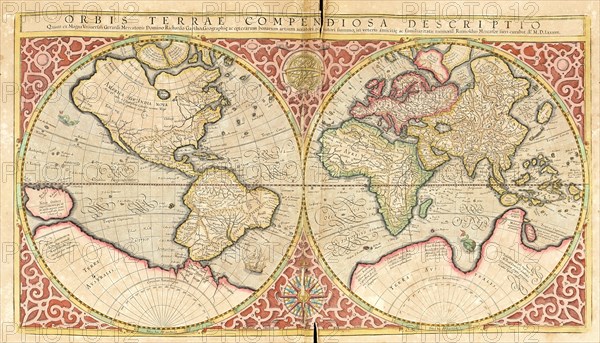 Atlas, map from 1623, world map, whole world with all continents, digitally restored reproduction from an engraving by Gerhard Mercator, born as Gheert Cremer, 5 March 1512, 2 December 1594, geographer and cartographer