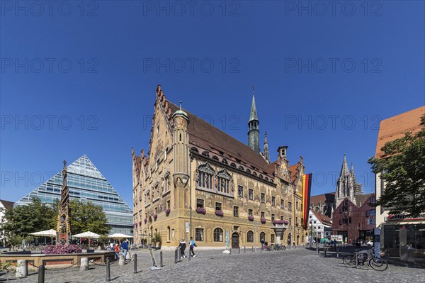 Historic town hall, modern glass pyramid of the library, Ulm, Baden-Wuerttemberg, Germany, Europe