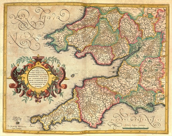 Atlas, map from 1623, southwest of England, digitally restored reproduction from an engraving by Gerhard Mercator, born Gheert Cremer, 5 March 1512, 2 December 1594, geographer and cartographer