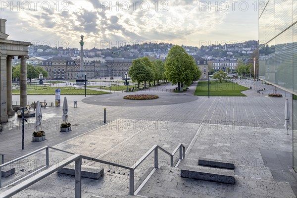 Schlossplatz with Jubilee Column and Old Palace, the city centre is deserted in the early morning, Stuttgart, Baden-Wuerttemberg, Germany, Europe