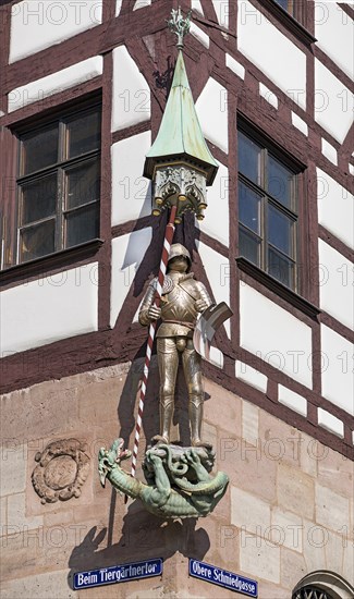 Figure of St. George as dragon slayer on the historic Pilatus House, patrician house, Tiergaertnertorplatz, Nuremberg Central Franconia, Bavaria, Germany, Europe