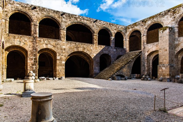 Two-storey building with a large courtyard and surrounding arcade, Archaeological Museum in the former Order Hospital of the Knights of St John, 15th century, Old Town, Rhodes Town, Greece, Europe