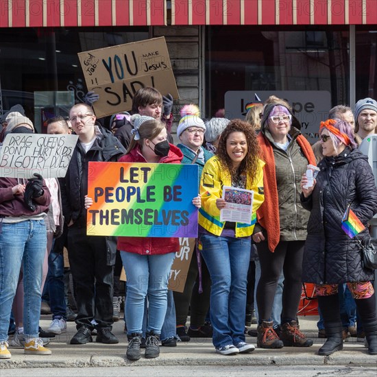 Royal Oak, Michigan USA, 11 March 2023, A small group of conservative Republicans protesting the Sidetrack Bookshops Drag Queen Story Hour were outnumbered by many hundreds of counter-protesters supporting the LGBTQ community