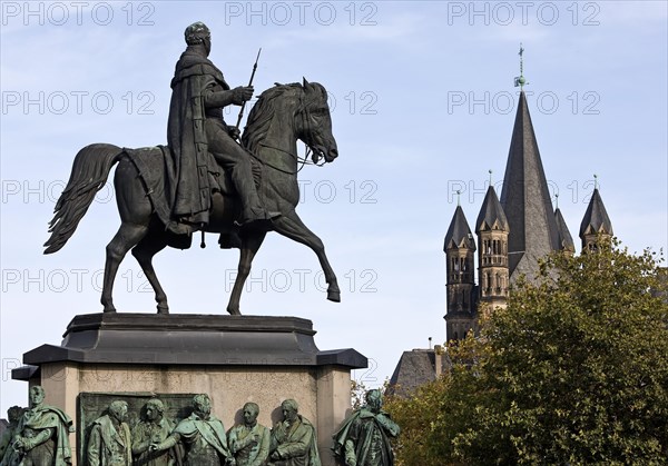 Equestrian statue for King Frederick William III of Prussia and Gross St. Martin Church, Cologne, Rhineland, North Rhine-Westphalia, Germany, Europe