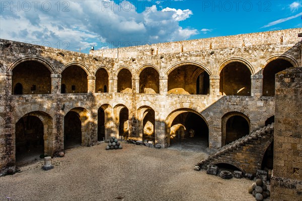 Two-storey building with a large courtyard and surrounding arcade, Archaeological Museum in the former Order Hospital of the Knights of St John, 15th century, Old Town, Rhodes Town, Greece, Europe