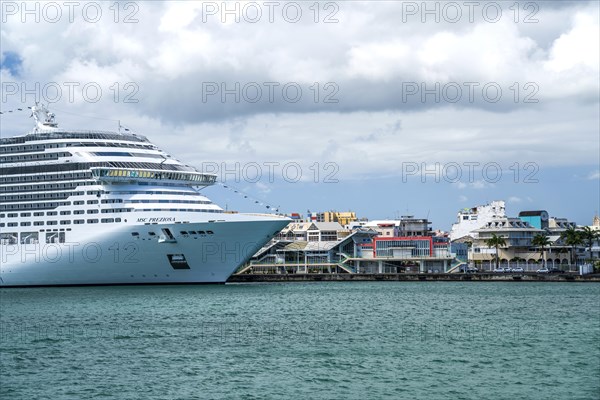 Cruise ship MSC Preziosa in the port of Pointe-a-Pitre seen from the sea, Guadeloupe, France, North America