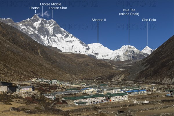 Dingboche settlement, located in the Imja Khola Valley, at the foot of the eight-thousander Lhotse, with its huge mountaineering challenge, the Lhotse South Face. Other peaks belonging to the main Himalayan ridge, Shartse and Cho Polu, are further up-valley as well as Imja Tse, also known as Island Peak, the popular trekking peak. Photo with peak labels. The Himalayas, the Everest Region known as Khumbu Region. Sagarmatha National Park, a UNESCO World Heritage Site. Solukhumbu, Nepal, Asia